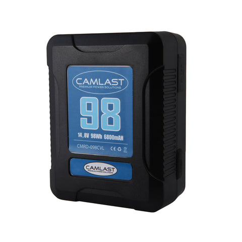 Camlast V-Mount battery 98 watt hours for use with Red, Sony, Arri, Canon, Blackmagic professional cinema cameras, braodcast cameras and accessories
