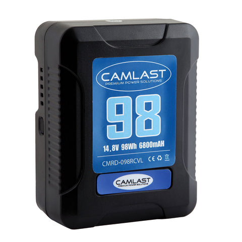 Camlast V-Mount battery 98 watt hours for use with Red, Sony, Arri, Canon, Blackmagic professional cinema cameras, braodcast cameras and accessories