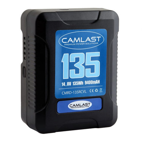 Camlast V-Mount battery 135 watt hours for use with Red, Sony, Arri, Canon, Blackmagic professional cinema cameras, braodcast cameras and accessories